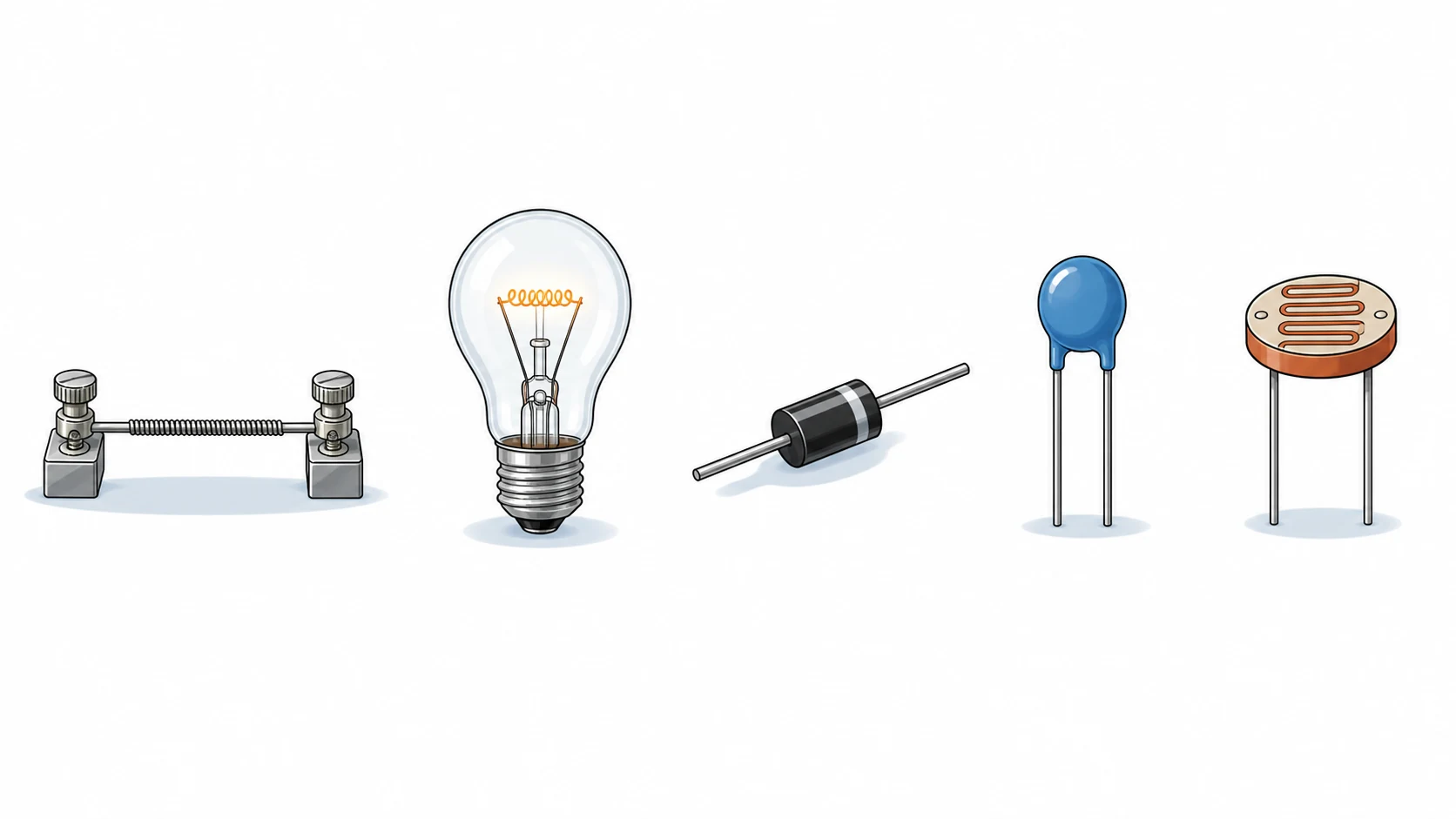 Five hand-drawn electrical components: a resistance wire, filament lamp, semiconductor diode, bead thermistor and light-dependent resistor