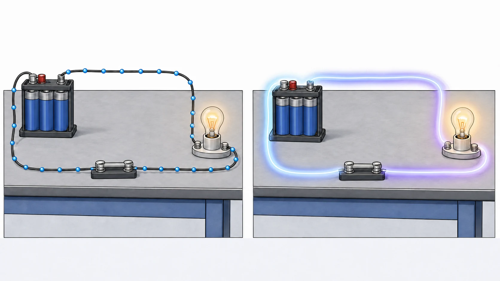 Two hand-drawn complete battery and filament-lamp circuits: charge-carrier dots are present all around the first loop, while a restrained glow traces energy transfer around the second loop