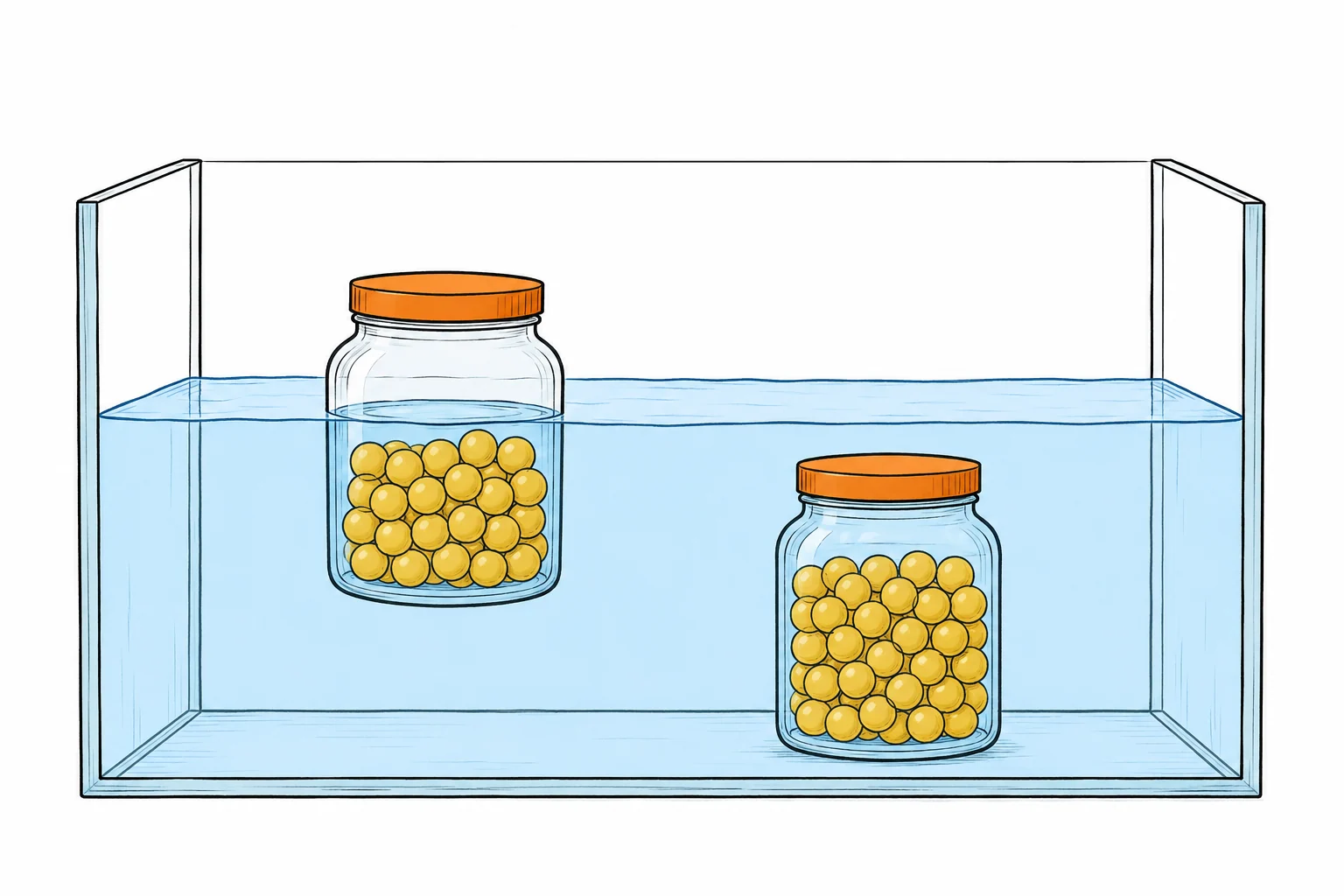 A light jar floating high in a tank and an identical heavier jar resting fully submerged on the floor.