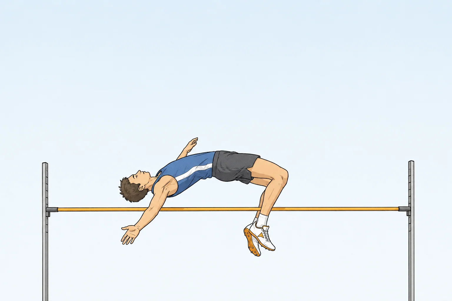 A high jumper arching backwards over a horizontal bar, seen from the side.