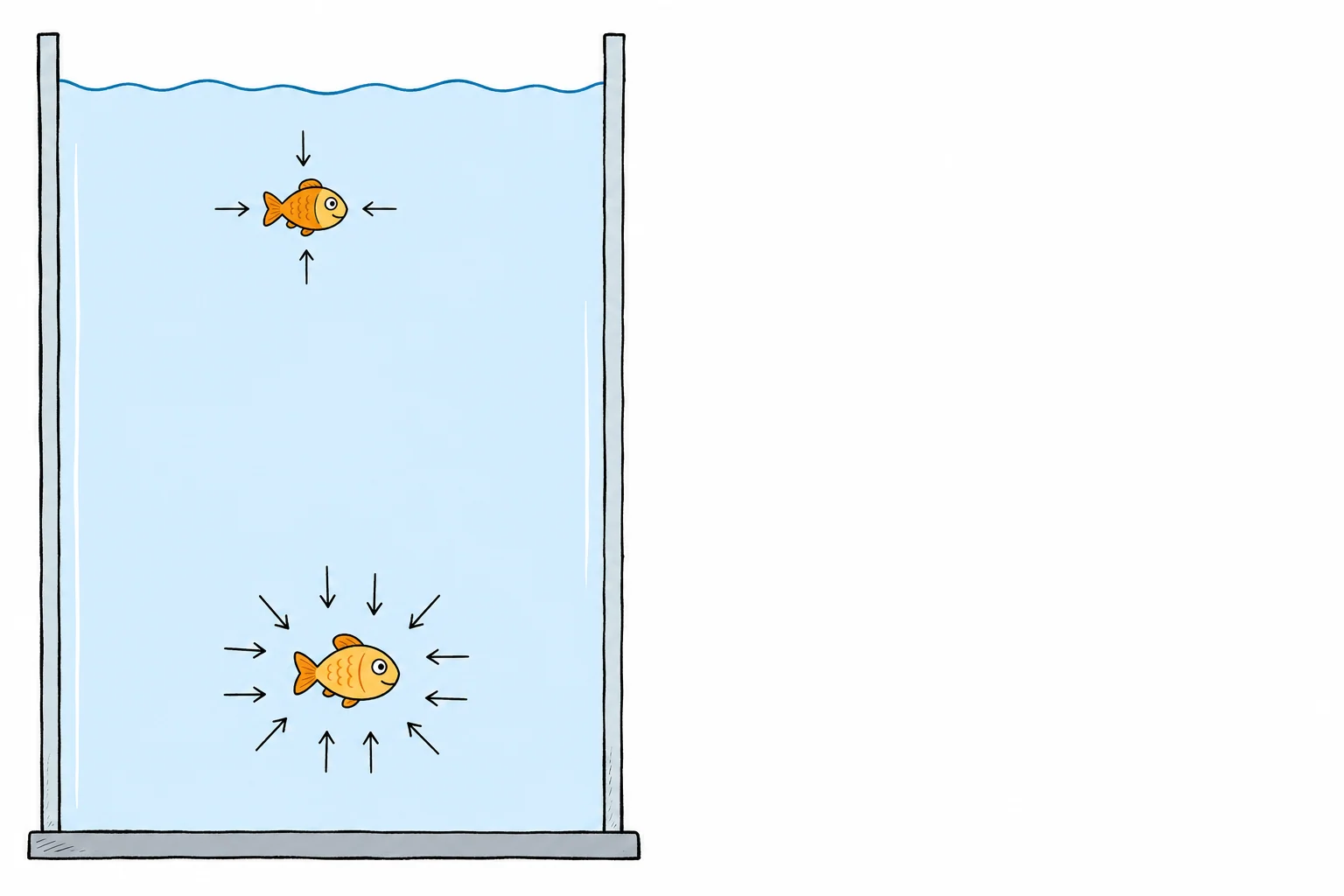 A fish near the surface pushed by a few arrows and a deeper fish pushed by more arrows from all sides.
