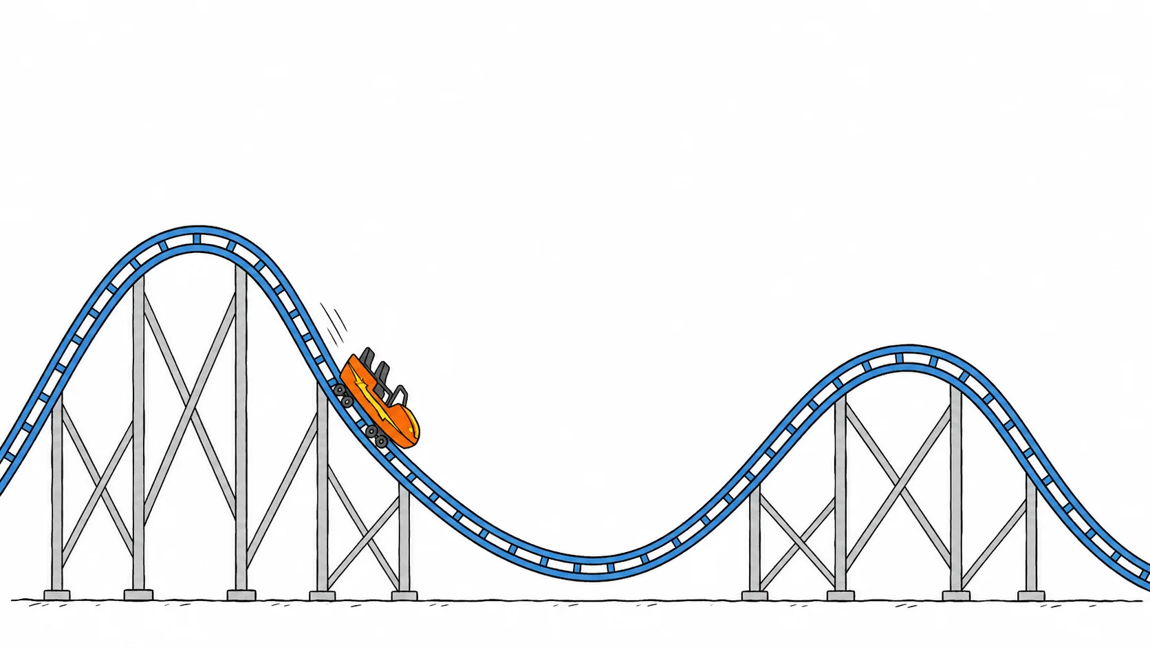 A hand-drawn roller-coaster descends from a high hill, crosses a valley and climbs a smaller second hill.