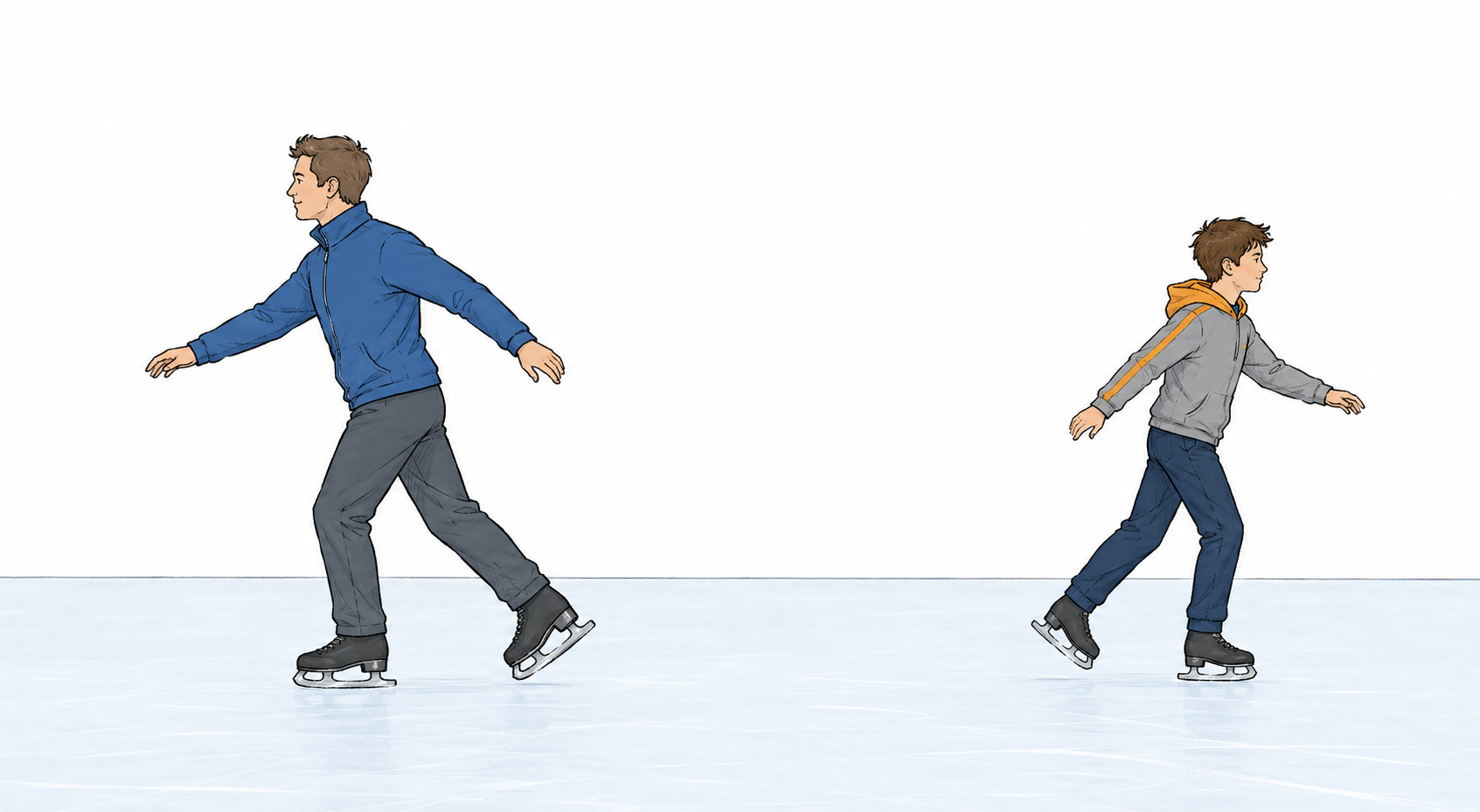 Two ice skaters gliding away from each other on smooth ice after pushing apart.