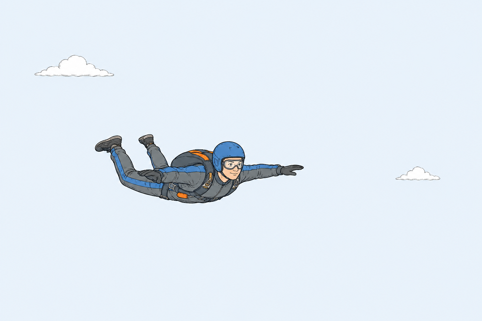 A skydiver falling face-down through clear air.