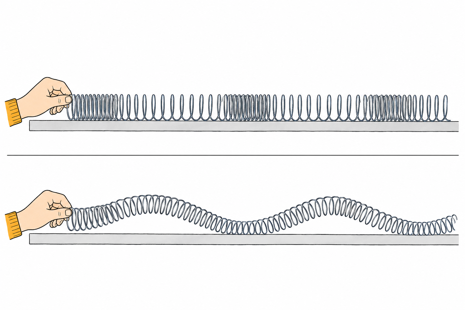 A hand drives a slinky in two ways: push-pull motion produces compressed and spread coils, while side-to-side motion produces a wave across the spring.
