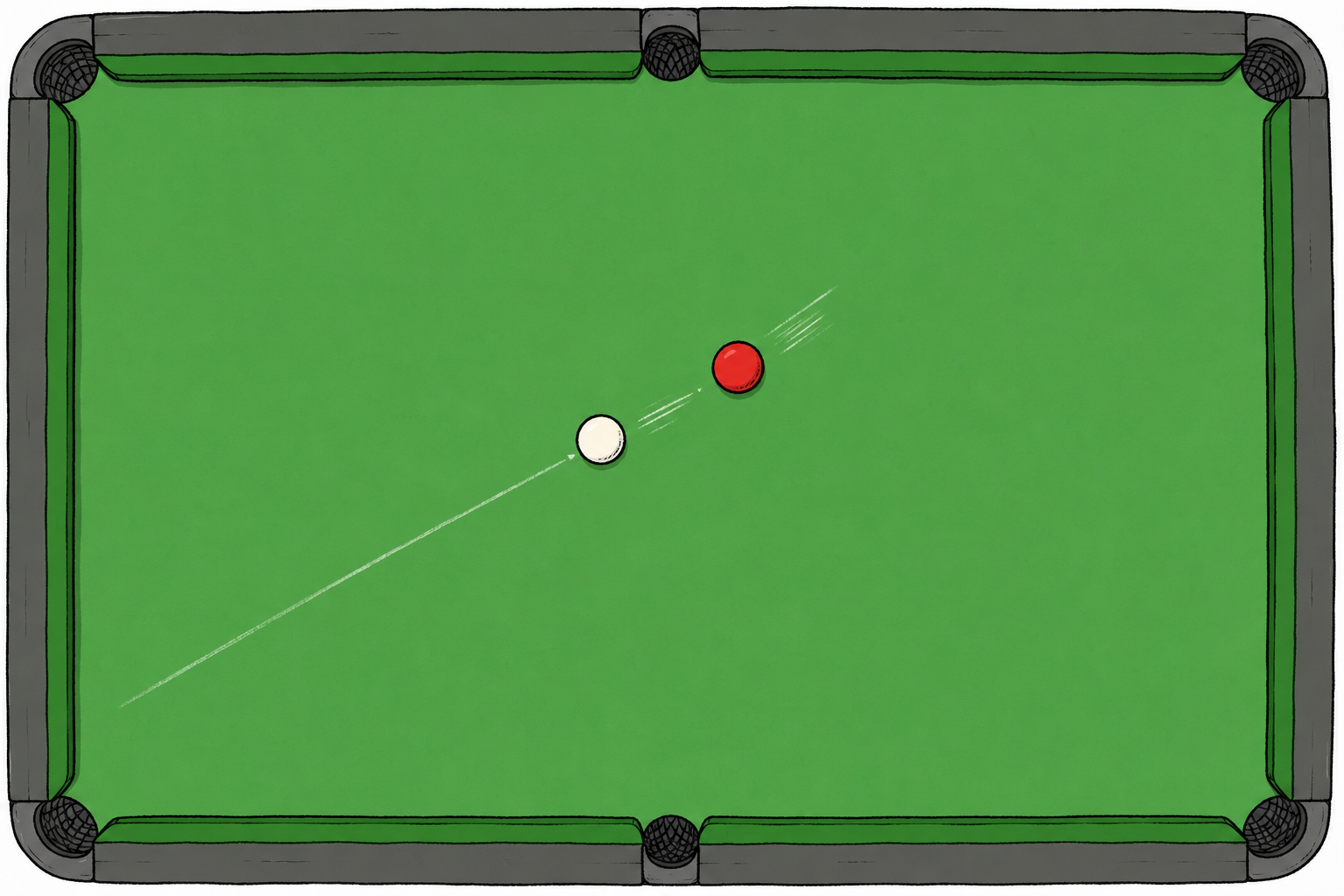 A cue ball making an off-centre collision with a second snooker ball, after which the balls travel in different directions.