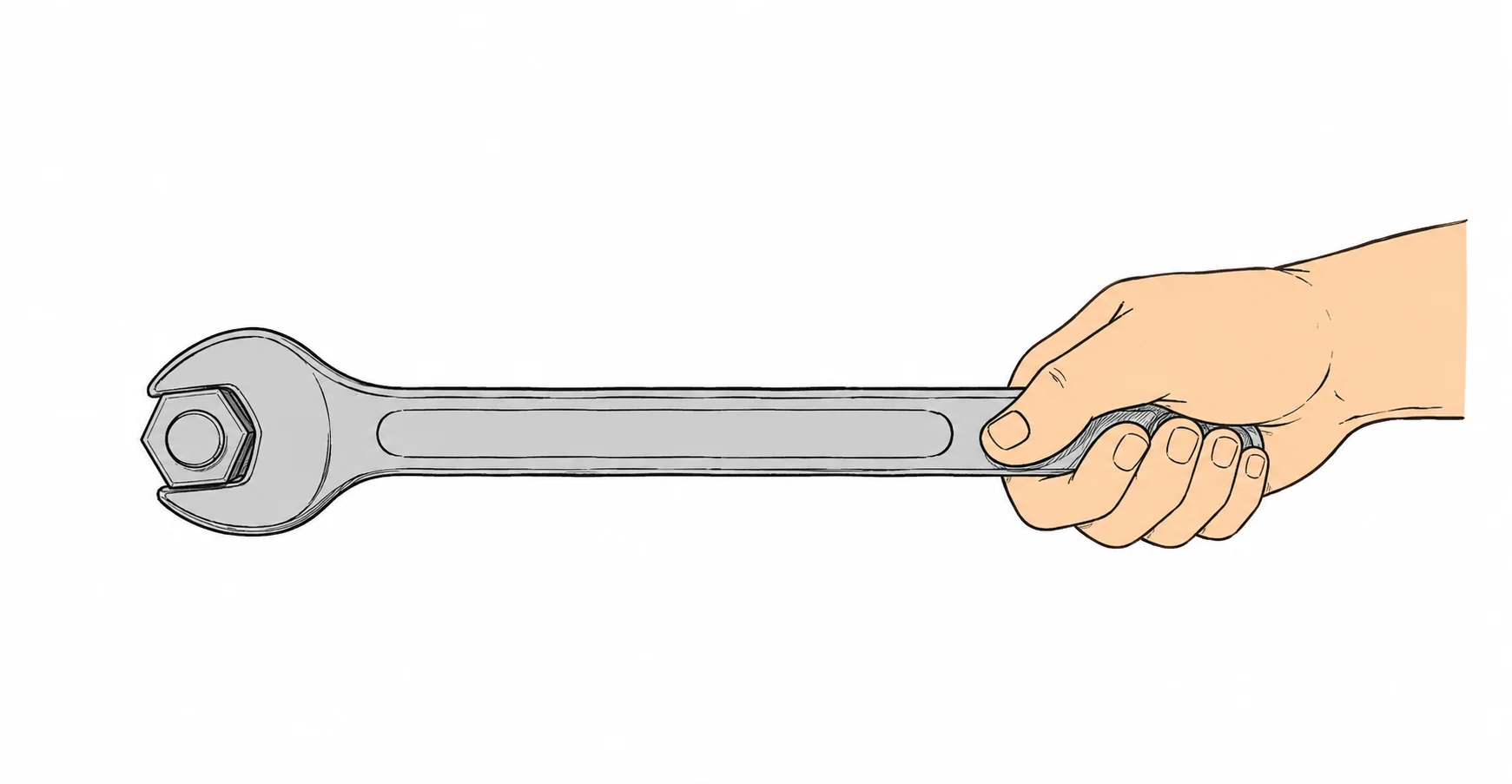 A hand pushing the far end of a long spanner fitted onto a nut.