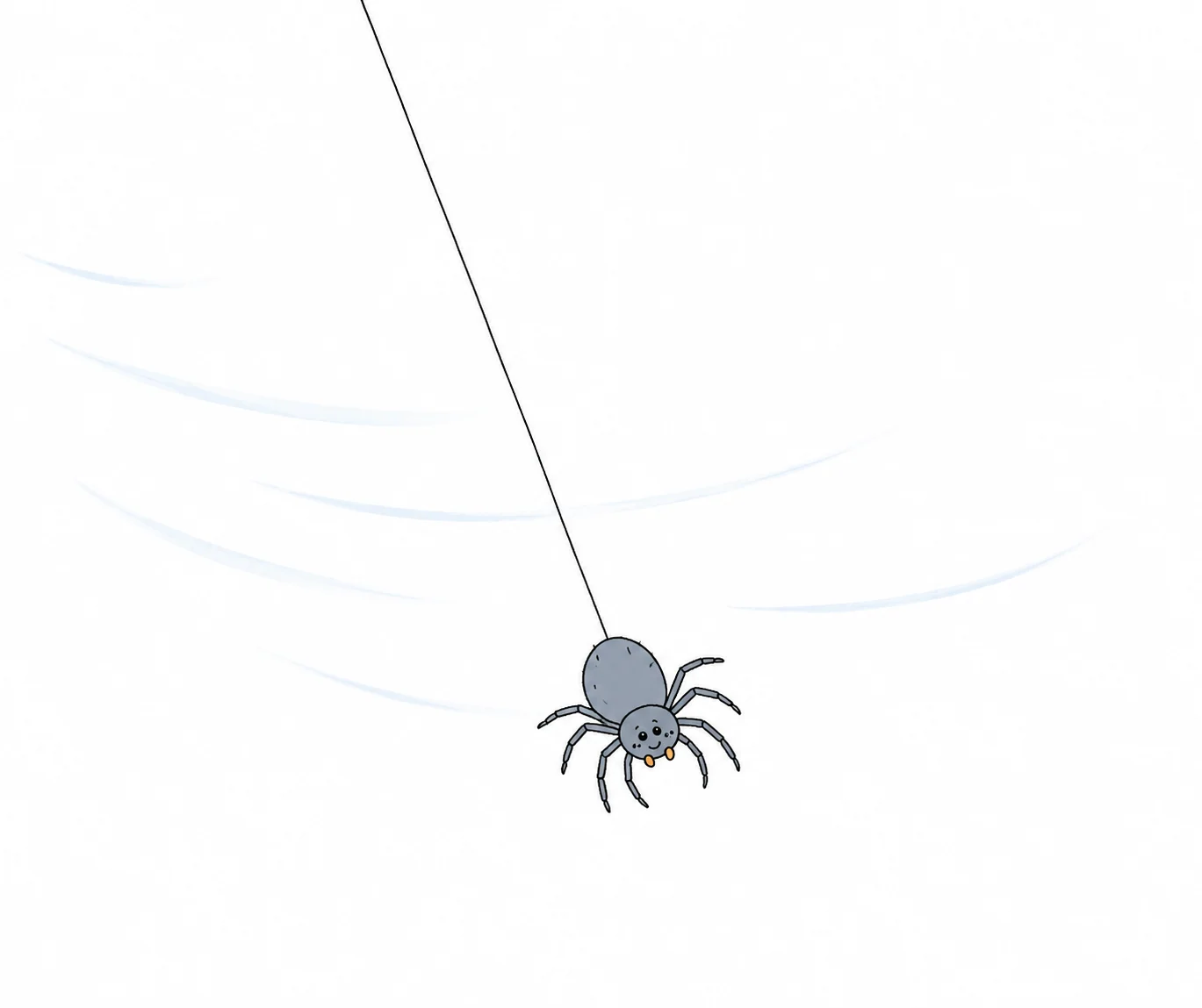 A small spider hanging from a single thread that leans at an angle because the wind pushes it sideways.