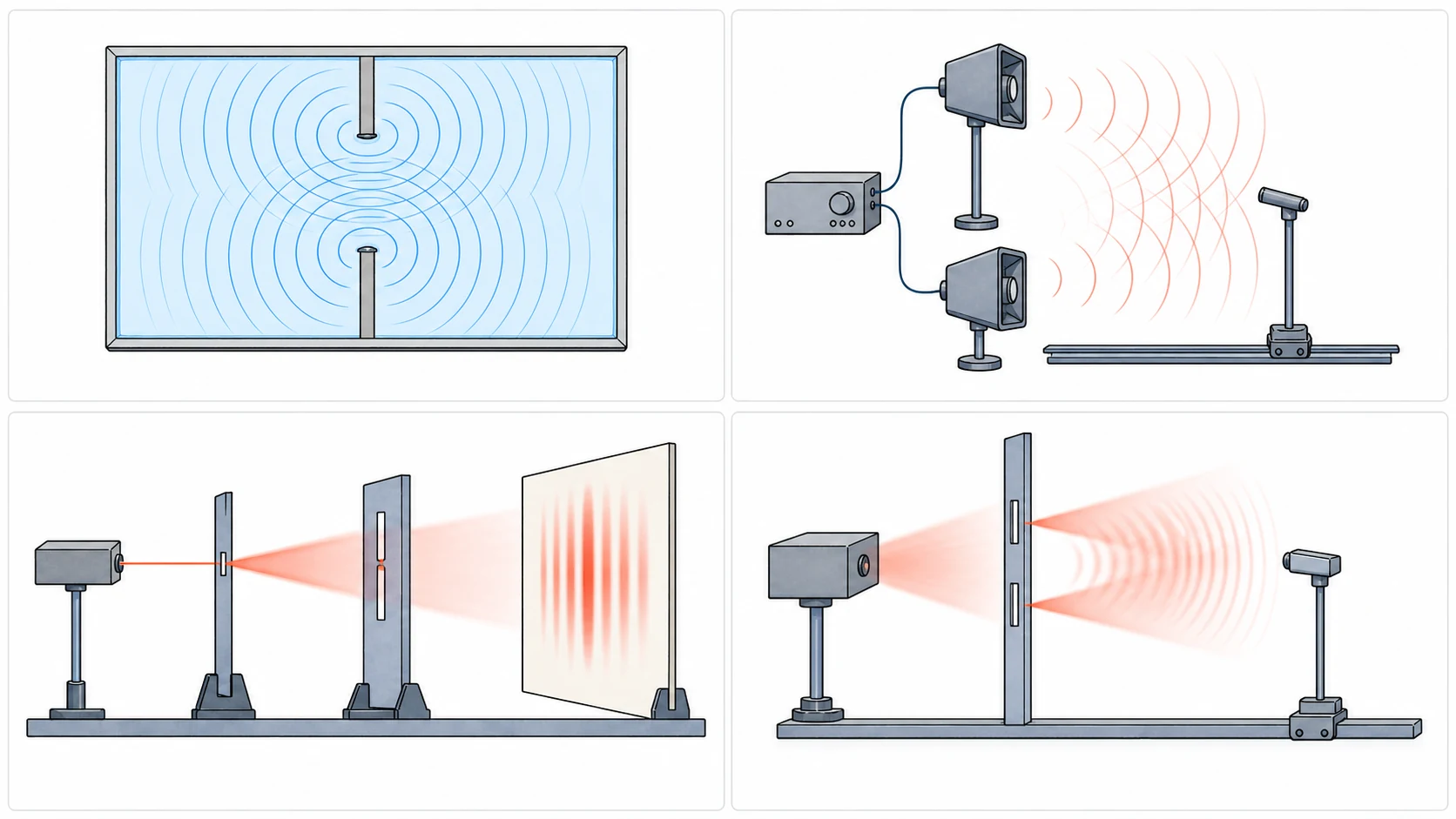 Four hand-drawn two-source interference experiments: a ripple tank, two loudspeakers and a microphone, a laser double-slit setup, and a microwave double-slit setup
