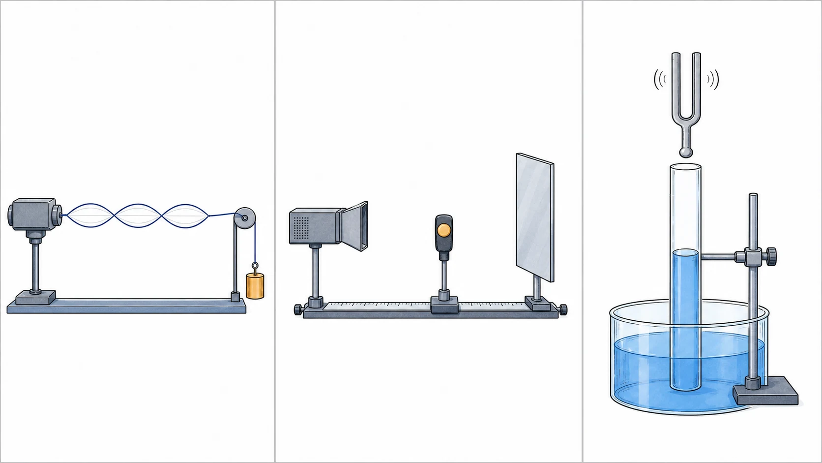 Three hand-drawn stationary-wave experiments: a vibrating stretched string, microwaves between a transmitter and reflector, and a tuning fork above an adjustable air column