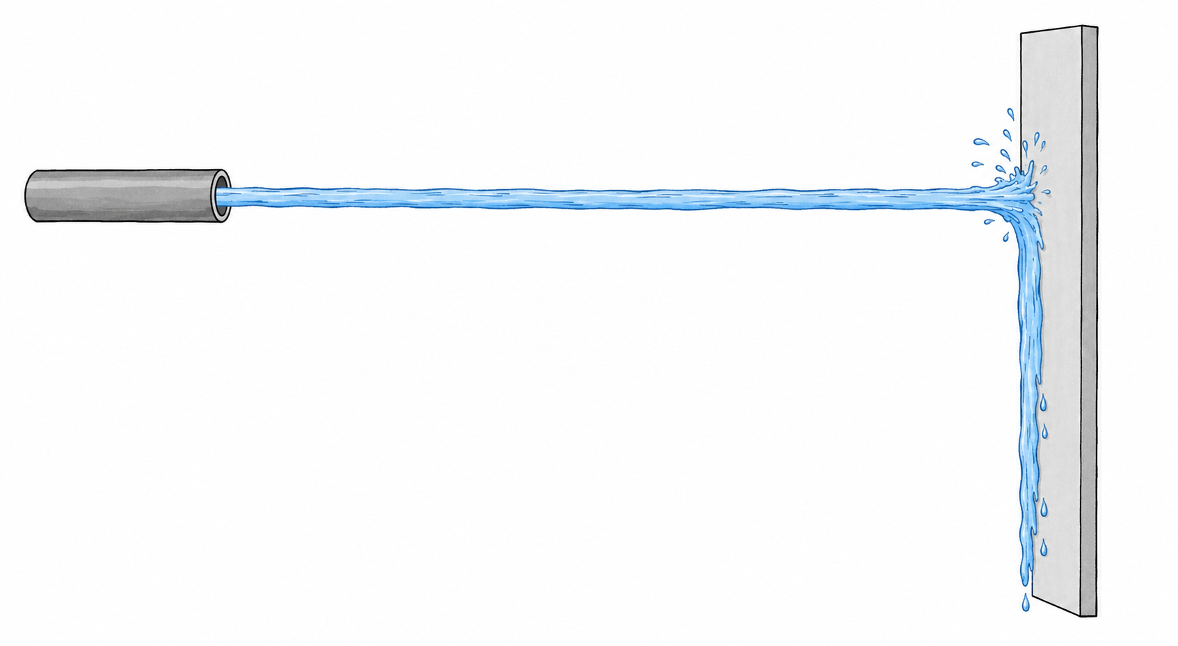 A horizontal jet of water from a pipe hitting a flat vertical wall and running down it.