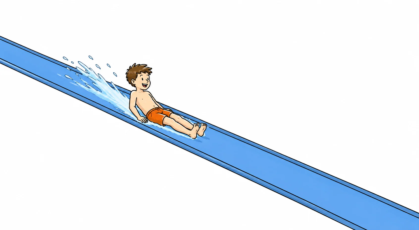 A child sliding down a long straight waterslide at about thirty degrees, seen from the side.