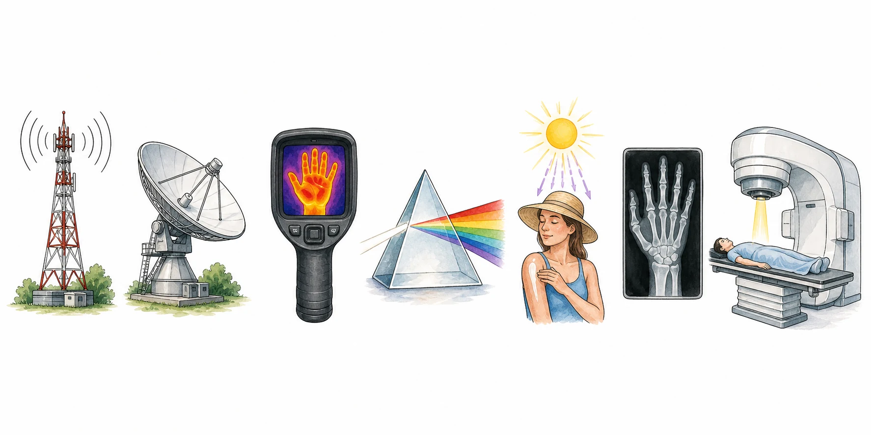 Seven hand-drawn scenes in order: a radio tower, satellite dish, thermal camera, prism rainbow, sunlight and sunscreen, hand X-ray, and radiotherapy machine.