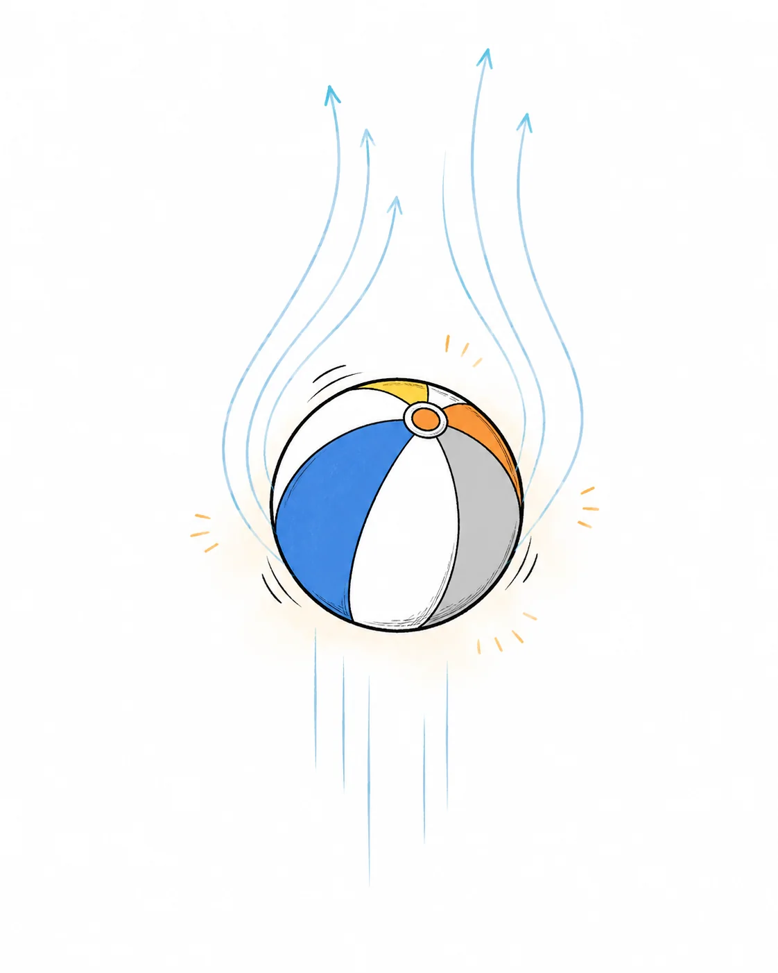 A hand-drawn ball falls through air, with motion marks below it and warm rising arrows around it.