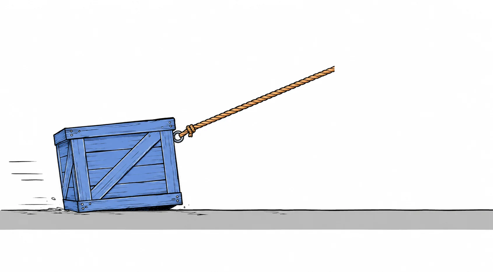 A hand-drawn blue crate is pulled along a horizontal floor by a rope that slopes upward.