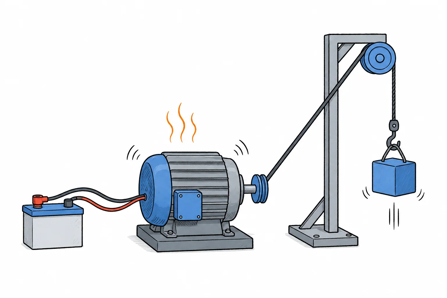 A hand-drawn battery powers an electric motor that raises a block; heat waves and vibration marks leave the motor.