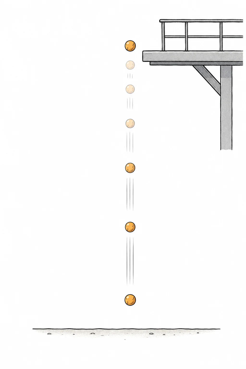A hand-drawn ball falls from a raised platform, with repeated positions showing that it speeds up.