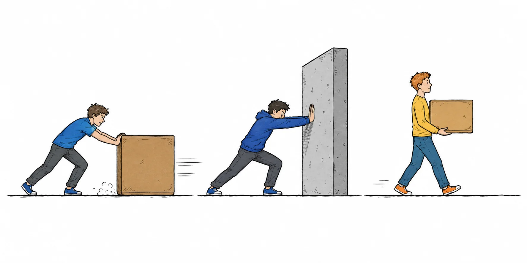 Three hand-drawn scenes: a person pushes a moving crate, a person pushes an immovable wall, and a person carries a box horizontally.